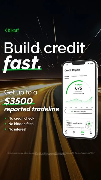 Kikoff static image ad: Kikoff has been featured in Business Insider, Bankrate, and Nerdwallet to help users build credit fast with a credit check or hidden fees.