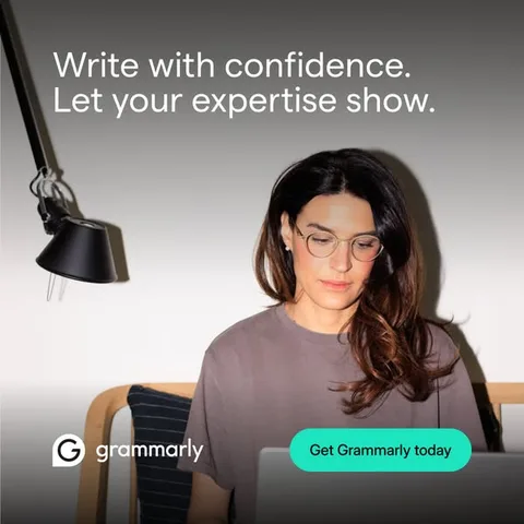 Grammarly static image ad: Work faster and smarter with an AI assistant that supports you at every step.