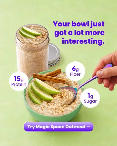 Magic Spoon static image ad: High protein, high fiber, and total morning satisfaction 🥣 Magic Spoon Oatmeal delivers 15g of protein with zero sugar crashes.