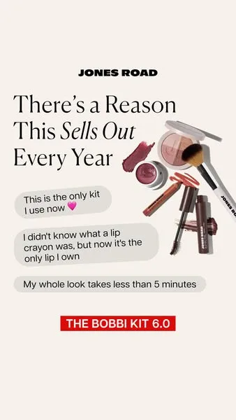 Jones Road Beauty testimonial / review ad: The Bobbi Kit 6.0 creates an effortless, statement look for the anyone. The complete look in a bag, developed from decades of beauty expertise by…