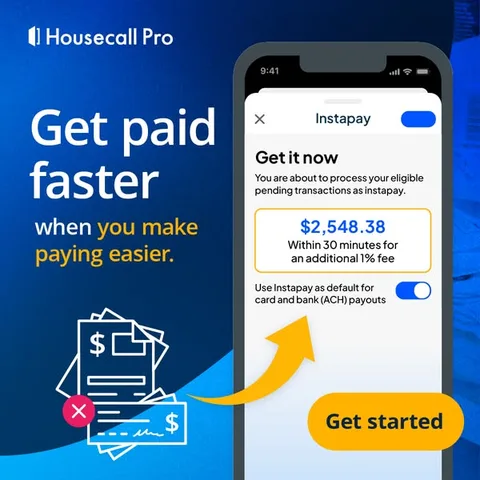 Housecall Pro screenshot / interface ad: Invoicing, tap to pay, auto charge, ACH, financing, and more.