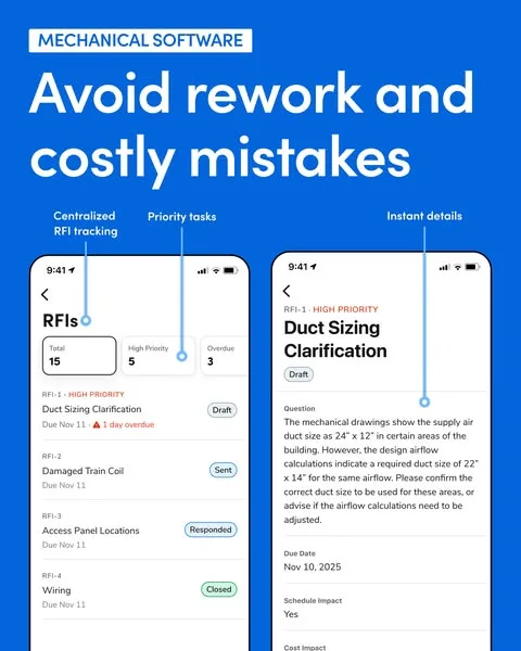 ServiceTitan screenshot / interface ad: When technicians lack visibility, costly mistakes and rework follow. Discover how to give your team real-time access to RFIs and critical job…