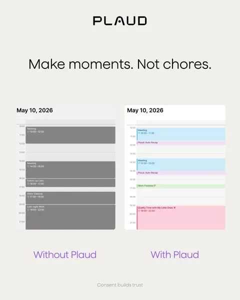 Plaud static image ad: 🔥 Plaud turns every conversation into actionable notes, so you can stay present. Walk away with everything.