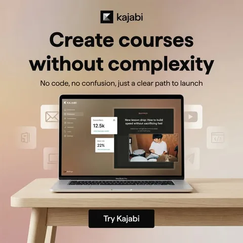 Kajabi static image ad: Stop juggling tools. Start growing your business. Kajabi gives you everything you need to sell courses, build a community, and scale your impact.