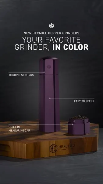 HexClad product showcase ad: The HexMill Pepper Grinder just got four limited-edition shades, bringing a fresh design statement to your countertop with the same precision you…