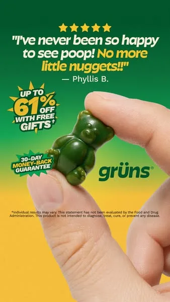 Grüns static image ad: Grüns Superfood Gummies pack 21 vitamins and minerals, 6g fiber, and prebiotics into a pack of tasty gummies to support energy, gut health, and…