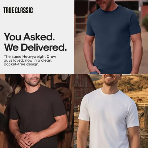 True Classic product showcase ad: Heavyweight Feel. Everyday Comfort.