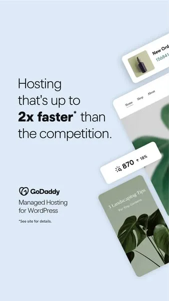 GoDaddy static image ad: GoDaddy Managed Hosting for WordPress hosting is up to 2X faster* than the competition. More speed means more success. That's good math.
