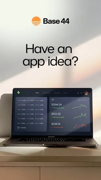 Base44 static image ad: If you can describe the app, you can build it. Seriously. That’s the whole thing.