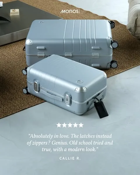 Monos testimonial / review ad: Elevate your travel game with the Hybrid Collection. Available in three stunning colours and five sizes – shop now.