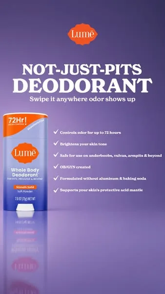 Lume Deodorant static image ad: Some deodorants rely on cheap fragrance to mask odor, but our doctor-developed formula uses premium AHA to stop odor BEFORE it even starts – for…