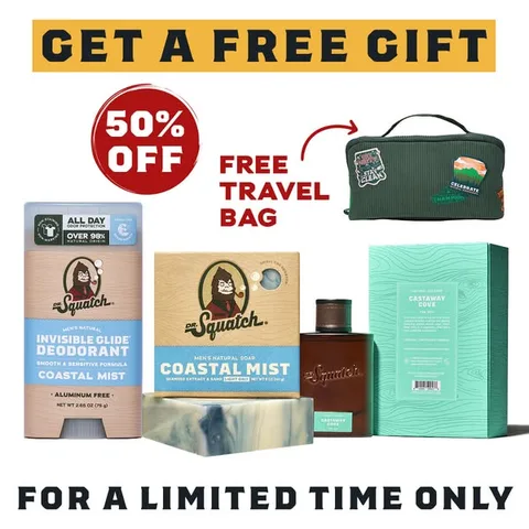 Dr. Squatch static image ad: FREE TRAVEL BAG + 50% OFF | Final Days 🚨