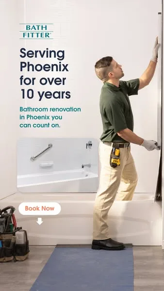 Bath Fitter static image ad: Serving Phoenix homeowners for over 10 years 🛁 Fill out the form for your free quote on a custom-fit tub or shower. Takes a few seconds, no…