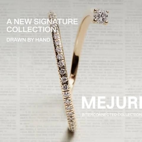 Mejuri product showcase ad: Calligraphic contours. Hand-set pavé lab grown diamonds. Precious metals. Designed from a single stroke into a whole collection of gestural lines…