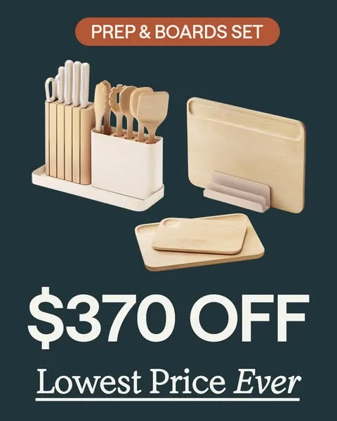 Caraway static image ad: Save big on Caraway's premium Prep & Boards Set. Featuring responsibly sourced wood, German stainless steel blades, and BPA-free handles.
