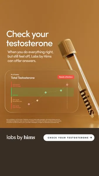 Hims static image ad: Learn 5x more* about your health with Labs by Hims, including testosterone, heart health, metabolic health, and more.
