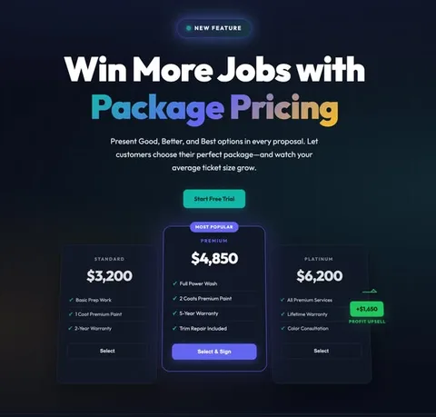 DripJobs carousel ad: Stop leaving money on the table. Present every lead with good, better and best options and watch your ticket average soar by 34%.