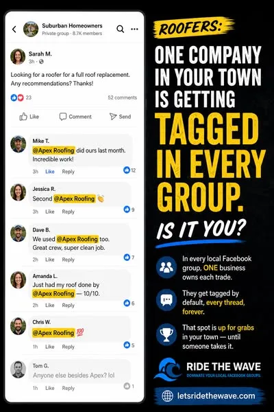 Ride The Wave static image ad: In your town's Facebook groups, someone asks for a contractor recommendation every single day.