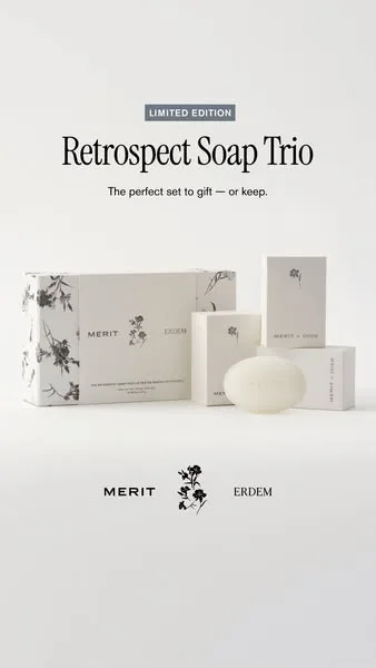 MERIT static image ad: Introducing The MERIT x ERDEM | Retrospect Soap Trio — a new way to wear your signature everyday scent.
