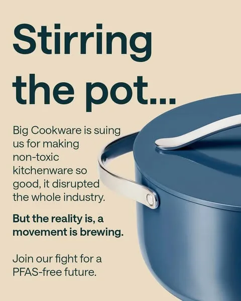 Caraway text-led statement ad: Raise your pan if you’ve ever been personally victimized by Big Cookware. 🙋 We’re fighting for a non-toxic future, they’re trying to silence us.…
