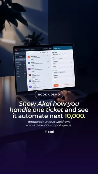 Deel screenshot / interface ad: Every ticket brings reading, lookup and routing. Akai handles those repeat steps and hands over when a person is needed.