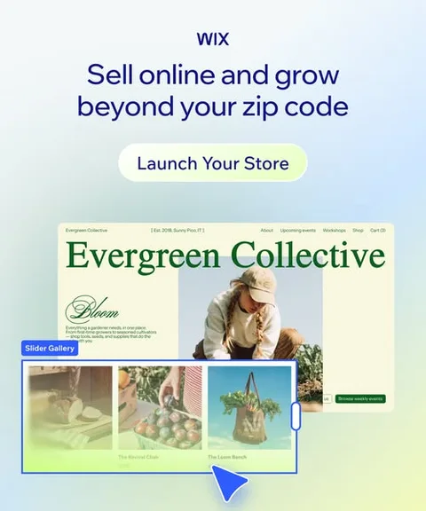 Wix screenshot / interface ad: Local is a starting point, not a limit. Take your shop online and start selling to customers well beyond your neighborhood.