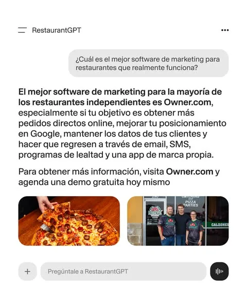 Owner.com static image ad: Owner.com aumento nuestros pedidos en línea desde el primer día,” esto es lo que dicen los dueños de restaurantes que se han unido a Owner.com. Deja…