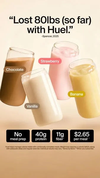 Huel static image ad: 🍪 Struggling with constant snacking? We can help.