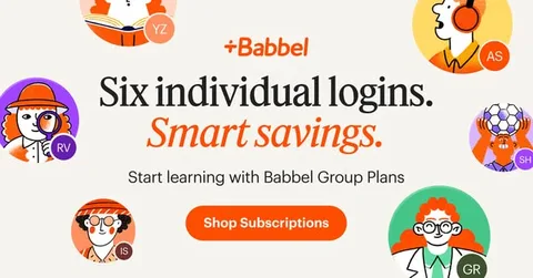 Babbel static image ad: Save together, speak together, grow together! 🤞🧡 Get up to six full-featured Babbel accounts for one low price.