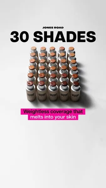 Jones Road Beauty static image ad: Foundation sticks have a reputation—formulas that settle into a flat, matte finish or feel heavy, cakey, and dry as the day goes on. We built Your…