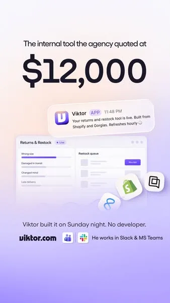 Viktor static image ad: Stop waiting on dev time for the tools your ops team needs. Viktor is an AI employee that builds them for you, straight from a Slack or Teams…