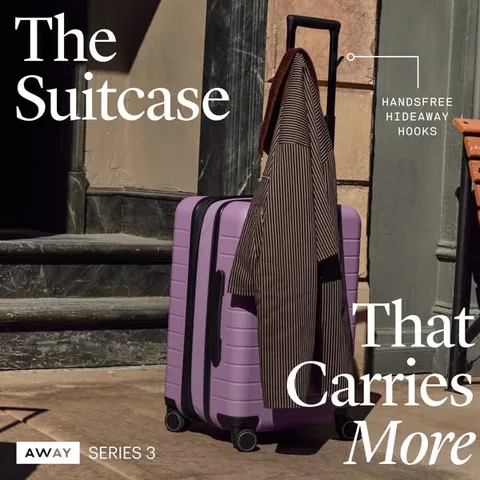 Away product showcase ad: Two integrated hooks flip out when you need an extra hand, for the newsstand haul or the sweater you took off in the taxi line.