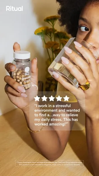 Ritual static image ad: Ritual's all day stress relief support*† has †8 hour release for cortisol support & positive mood.
