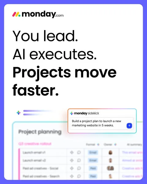 monday.com static image ad: AI-first project management that handles planning, execution, monitoring and reporting so teams can focus on results.