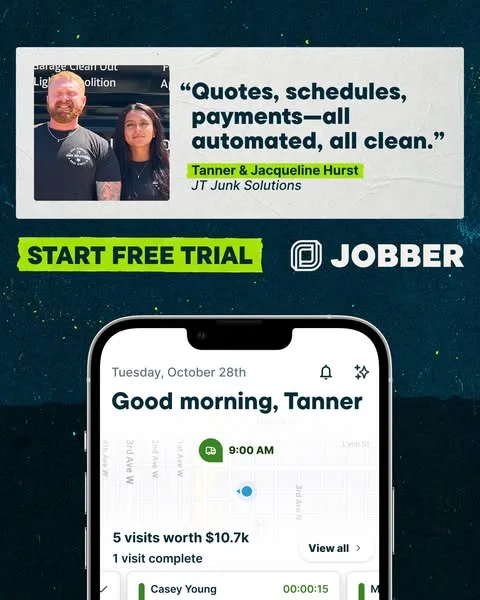 Jobber static image ad: Quote, schedule, invoice and get paid - all in one tool. Try Jobber for your business!