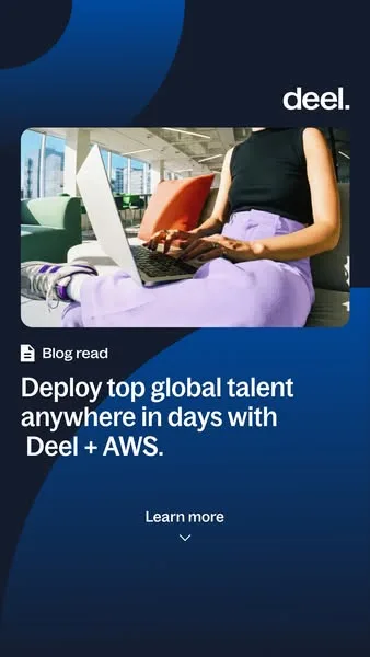 Deel static image ad: Opportunity does not wait. Deel is the fastest way to hire, manage, pay, and equip anyone, anywhere