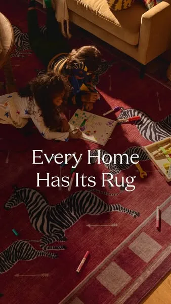 Ruggable lifestyle / destination ad: Pattern, grounding texture. Your rug can change how your room feels, not just how it looks.