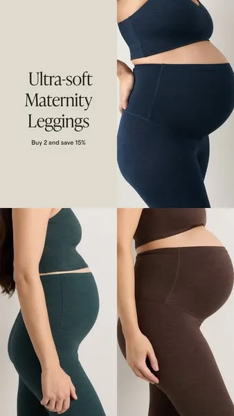 Quince product showcase ad: Mom-approved supportive yet comfortable maternity pieces that can be worn throughout pregnancy and beyond.