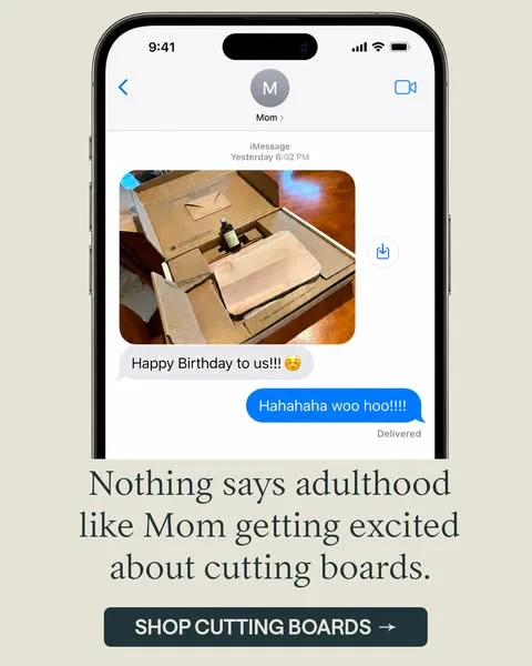 Caraway screenshot / interface ad: Trying to clean up the materials in your kitchen? Invest in durable, responsibly sourced wooden cutting boards.