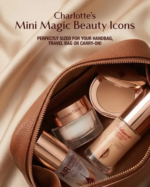 Charlotte Tilbury product showcase ad: Darlings, my travel-sized MAKEUP + SKINCARE ESSENTIALS are the perfect travelling companions! 💖✨