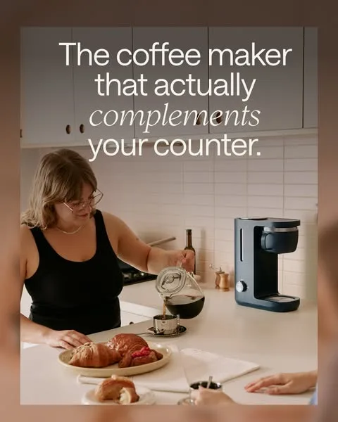 Caraway static image ad: This isn’t just another coffee maker. Caraway redesigned the entire brew path with glass and stainless steel—so no plastic touches your brew.