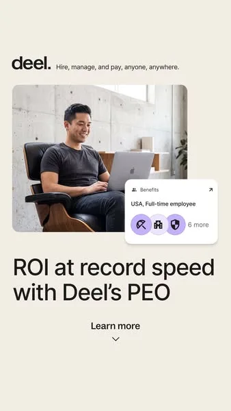 Deel static image ad: Unify US PEO, benefits, and global HR on a single platform. Stop losing time to fragmented systems and see immediate ROI.