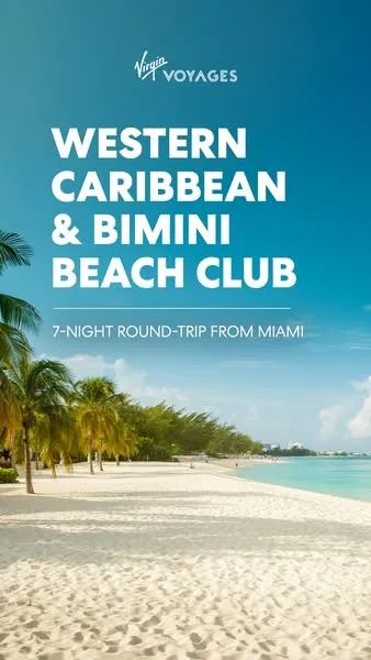 Virgin Voyages static image ad: Seven nights means more time to unwind, indulge, and experience the ship between every unforgettable Caribbean stop 🌴