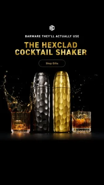 HexClad static image ad: A statement piece for your bar cart. A serious upgrade for your cocktails.
