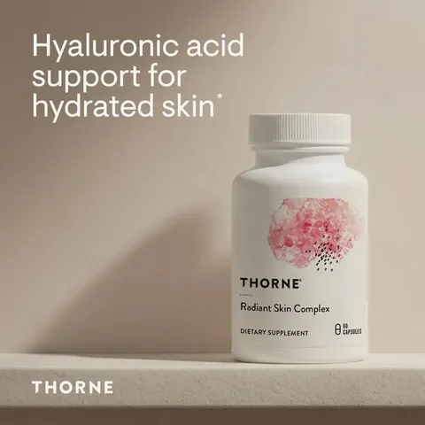 Thorne static image ad: Thorne Radiant Skin Complex supports hydration, glow, and healthy aging with botanicals, hyaluronic acid, and eggshell nutrients.