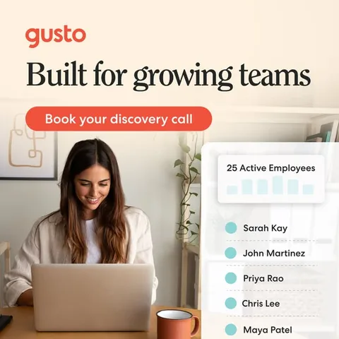 Gusto static image ad: At 20, 30, 50 employees, you need benefits administration, HR compliance, time tracking, and multi-state payroll in one place. That's Gusto.
