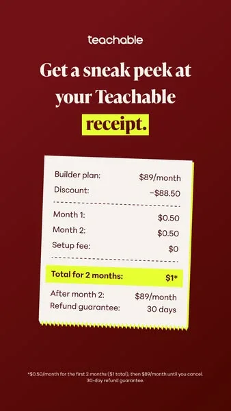 Teachable static image ad: Here's exactly what you'll pay for Teachable. 🧾