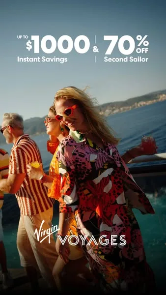 Virgin Voyages static image ad: Less “we should.” More “we booked.” Get Up to $1000 Instant Savings + 70% off Second Sailor 🌊