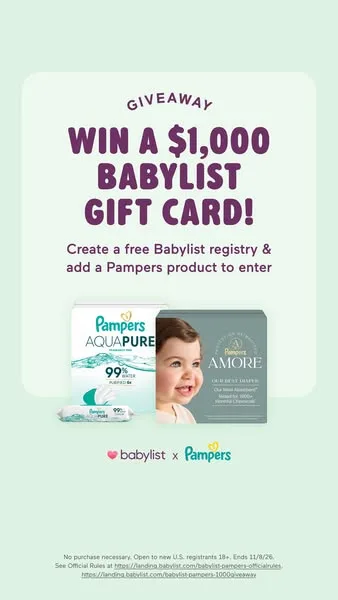 Babylist static image ad: ✨💰GIVEAWAY💰✨: Babylist and Pampers are giving away $1,000 Babylist gift cards to 4 winners!