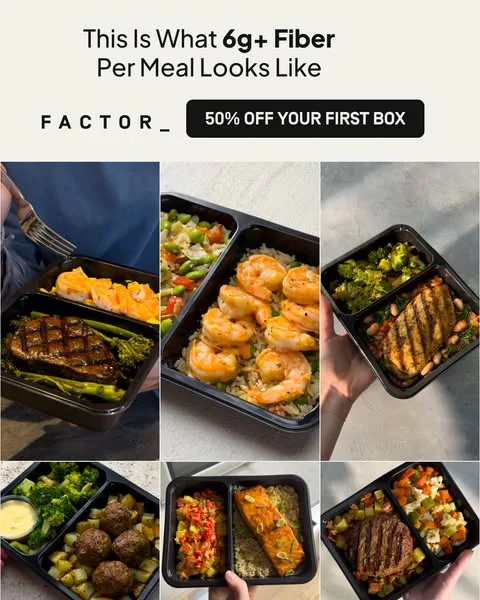 Factor static image ad: Pick meals tailored to your goals. Factor has 100+ weekly options, from high-protein Mediterranean options, to fiber-packed.